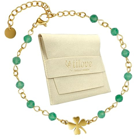 Zinello Design TILOVE - Bracelet Femme en Jade Vert Naturel – Bijou Lithothérapie avec Trèfle Porte-Bonheur en Acier Inoxydable – Harmonie et Sérénité – Conçu en France – Idée Cadeau Bien-Être