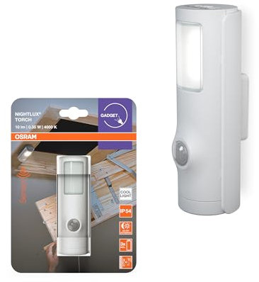OSRAM Torch LED luce notturna con sensore di movimento bianco, funzione torcia 2in1, sensore di luce, funzionamento a batteria, IP54 antispruzzo
