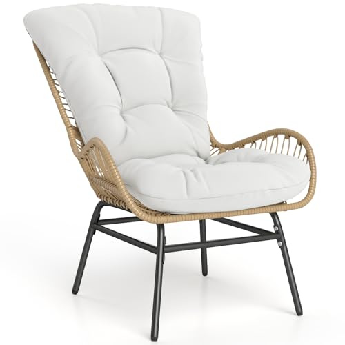 COSTWAY Sillon de Ratan con Cojin, Marco Metálico, Sillones para el Salón, Butaca Dormitorio Jardin Terraza Interior Exterior, 84 x 68 x 87 cm, Carga 180kg, Natural (1)