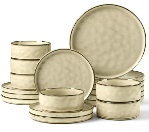 Herogo 18 Pcs Stoneware Dinnerware Dinner Set for 6 People, Sandy Beige | Reactive Glaze Plates and Bowls for Home Dining, Microwave and Dishwasher Safe, Chip and Scratch Resistant, Ripple Surface