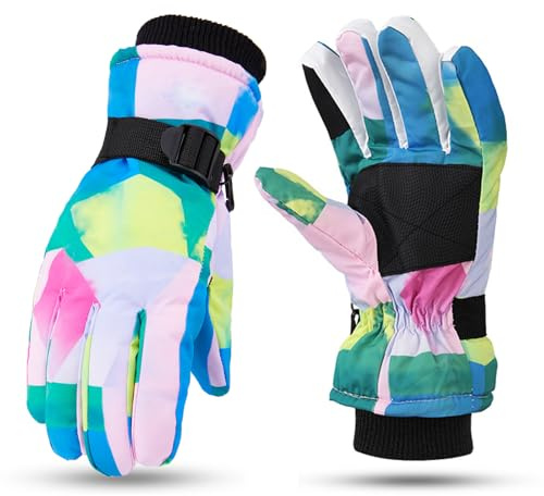 DAVBNM Kids Winter Ski Gloves, Waterproof Anti Slip Plush Thermal Warm Gloves for Children Girls and Boys Age 9-15 Sledding Snowboard Skating Cycling Running and Outdoor Activities