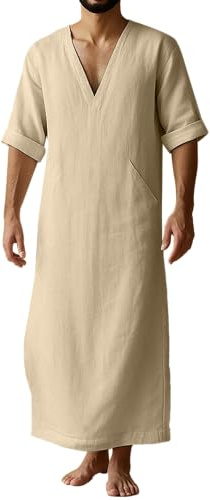YAOHUOLE Thobe for Men Cotton Linen V Neck Long Sleeve Robe with Pockets Full Length Kaftan