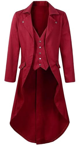 Generisch Frack - Giacca vittoriana, da uomo, stile gotico, smoking lungo, classico, stile vintage, teatro, performance, per cosplay, Halloween, S1 rosso, M