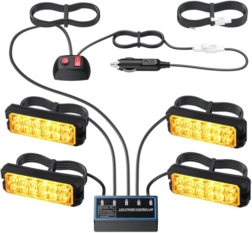 DTEANJU 4Pcs 12LEDS Strobe Flashing Lights,Beacon Light,Aluminium Housing Amber Flashing Warning Lamp,IP65 Waterproof,8 Flash Patterns,E-mark E57,for 12V/24V Car Truck Lorry Van Trailer Tractor