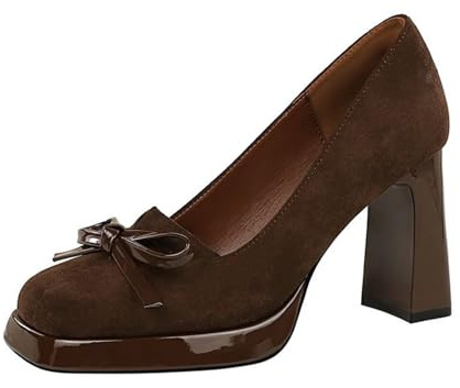 Zapatos de tacón Alto de Mujer de Moda Zapatos De Boda con Lazo 9CM Stilettos Punta Cuadrada para Salon de Fiesta (39,Marrón)