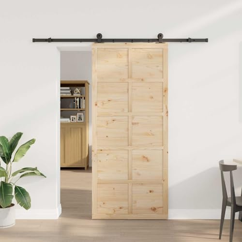 Holepyr Skjutdörr natur av massiv furu 90 x 208 cm inomhus med pulverlackerad stålmontering, platsbesparande skjutmekanism, perfekt för rumsdörr, innerdörr