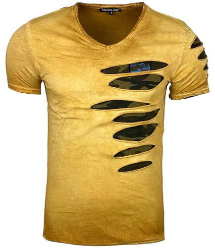 Subliminal Mode T-Shirt da Uomo in Cotone con Scollo a V Manica Corta Stile Moderno/Vintage Lavato - Stile Strappato - Stampato Armato - Taglio Classico BX053 - Cammello XXL