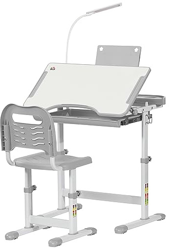 HOMCOM Kids Desk and Chair Set, Height Adjustable Study Desk with USB Lamp, Storage Drawer for Study, Grey and White