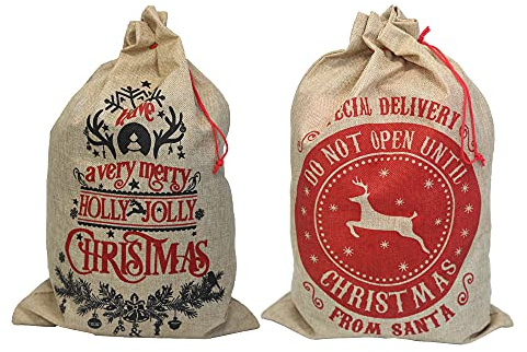 Conjunto de 2 Sacos Navideños - Bolsas de Regalo Medianas con Cordón 35x50 cm - Bolsas de Navidad Reutilizables para Regalos y Decoración. Dos Diseños en un Solo Paquete