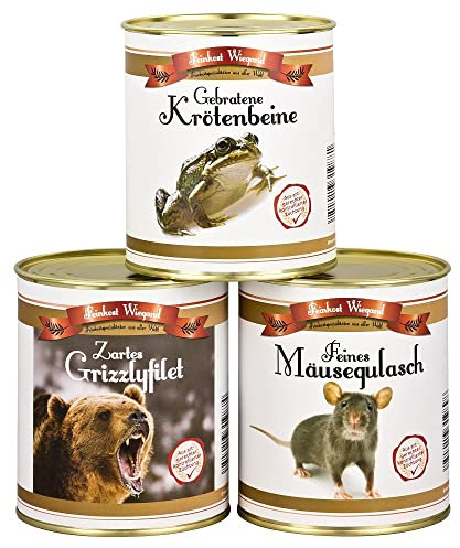4youDesign 3-er Set Mäusegulasch, Grizzlyfilet, Krötenbeine Feines aus der Dose – Gummibärchen, Frösche & weiße Mäuse Schaumgummi in Original Feinkostdose – Lustige Geschenkidee für Sie & Ihn 3x175g