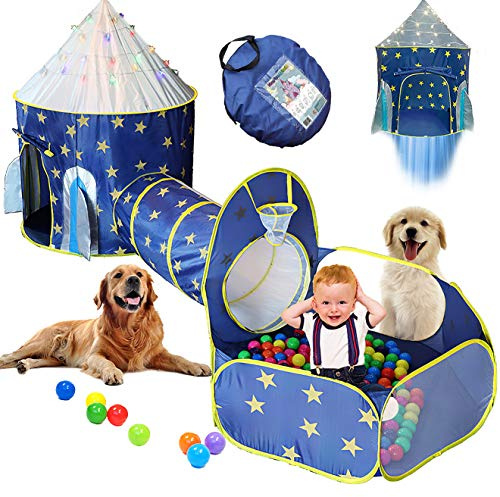 LimitlessFunN 4pc Space Rocket Ship Kids Pop Up Play Tent, Crawl Tunnel, Ball Pit | Includes Star Lights & Carrying Case |, Children Indoor Castle Playhouse for Boys, Toddlers, 47 D x 126 W x 53 H