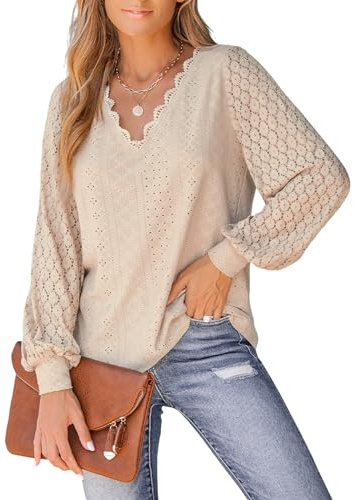 CUPSHE Camicetta da Donna con Pizzo Intagliato e Orlo Smerlato, Maniche Lunghe in Pizzo, Scollo a V, Polsini a Fascia, Elegante e Chic, Beige, M