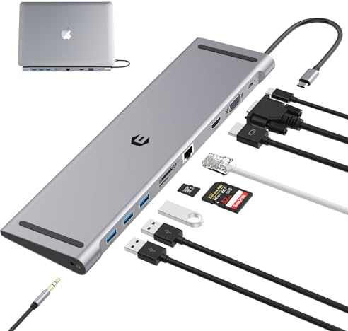 Adaptateur de Station d'accueil USB C Station d'accueil USB C 10 en 1 Triple écran avec 4K HDMI, VGA, 3xUSB 3.0, PD 100W, Ethernet, Lecteur SD/TF, Audio/Micro pour Ordinateurs Portables de Type C