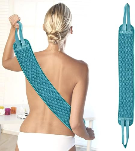 WUSANNA Rückenbürste, Eincremehilfe für Rücken, Duschbürste Rückenbürste Dusche, Rückenschrubber Massagebürste mit 2 Griffe, Dusche Waschhilfe zum Entfernen Abgestorbener Haut (Blau)