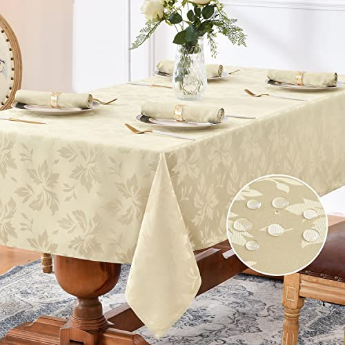 Romanstile Tischdecke Weihnachten abwaschbar 140x240 beige rechteckig Luxuriös Jacquard-Damast Muster wasserabweisend Tischtuch Table Cloth für Geburtstag,Feste,Garten,Party,Jahrestag,Restaurant