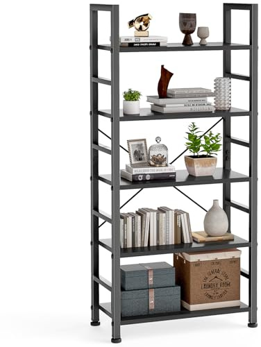 DUMOS 5 Tiers Bookshelf, Classical Book Shelf, Tall Display Shelves in Living Room/Home/Office, Storage Organizer for CDs/Books/Movies, Modern Black