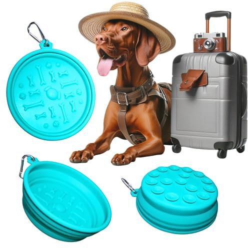 KPET® LamiBowl Bebedero Perro y Gato Portatil - Tazón Plegable Silicona con Alfombrilla para Lamer y Base Antideslizante. Comedero Ideal Viajes, Senderismo. Tazón de Viaje con Mosquetón (Azul)