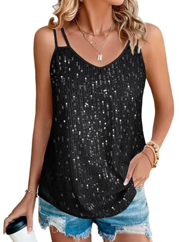Suncife Gilet da Donna Senza Maniche con Paillettes Top Scollo a V Top Scintillante, Nero, XL