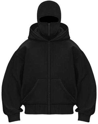 OLIPHEE Sweat à Capuche Homme Sweat Zippé Homme Veste Chaude Hoodie Homme Balaclava Cagoule Moto Masque Anti-Vent Sweat Homme pour Sports de Plein Air Cagoule de Vélo Automne Hiver A-Noir XL