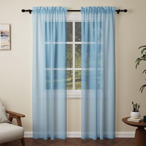 Pacok Blue Voile Curtains 90 Drop, 2 Panels Rod Pocket W56xL90 Inch | See Through Net Curtains for Windows Long Washable Sheer Curtain Panel for Living Room, Bedroom, Kitchen 142 x 228cm Drop