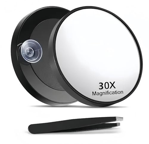 Flycppo Specchio da Trucco Ingrandimento 30x,Piccolo Specchio Ingranditore Con Ventosa E Pinzette,Specchio Portatile Mini Rotondo,Bastone su Specchio Doccia per Viaggi Bagno Trucco Rasatura