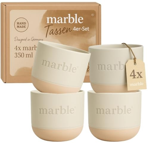 Marble ®Cappuccino Tassen 4er Set 350ml - Kaffeebecher Porzellan Kaffeetassen groß - Design Jumbotasse Kaffeteassenset - Steingut Tasse handmade spülmaschinenfest
