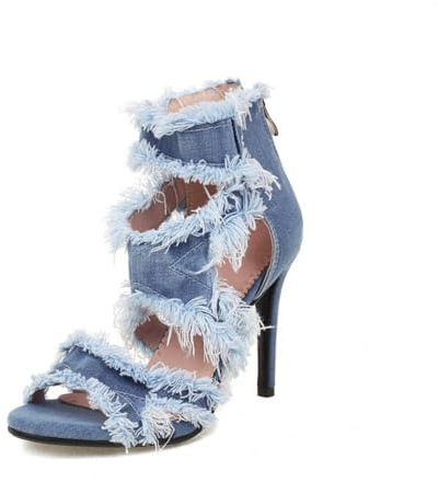 Femmes Bout Ouvert Denim Bottines Talons Aiguille Hauts Escarpins De Robe avec Fermeture Éclair Au Dos Découpées Sandales D'Été