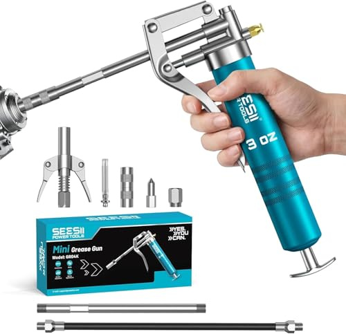 Seesii Mini Ingrassatore Manuale 85g, 4000 PSI Kit Pistola per Grasso con Tubo Flessibile, 4 Raccordi e Prolunga, Compatto e a Tenuta Stagna, Ideale per Moto, Automobili, Macchine Agricole e Nautica