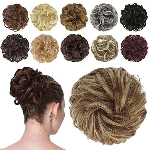 FESHFEN Messy Bun Hair Piece - Wavy Synthetic Chignon Scrunchies for Instant Volume, Elastic Bun Ponytail Hair Extensions Thick Hairpieces for Women, Brown & Blonde 1.50 oz