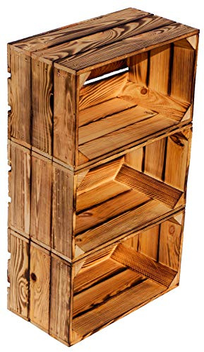 Kistenkolli Altes Land 3er Set Weinkiste Hilde geflammt ohne 38x22x19cm Weinkisten Gartendeko Wohnungsdeko Holzkisten Apfelkisten