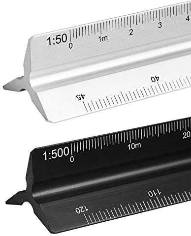 JOLIGAEA 2Pcs Règle d'architecte triangulaire en aluminium,Métrique 1:20, 1:25, 1:50, 1:75, 1:100, 1:150/1:100, 1:200, 1:250, 1:300, 1:400, 1:500,30cm de long pour les architectes ingénieur paysagiste