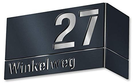 Metzler Hausnummernschild in Anthrazit (RAL 7016), individuelle Hausnummer aus V2A Edelstahl, rostfrei, gebürstet, 3D-Effekt, Eckhausnummer Eckmontage rechts, Made in Germany, Größe: 35 x 15 x 20 cm