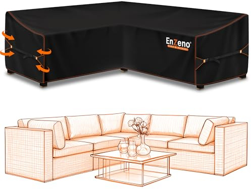 Enzeno Cubiertas para muebles de jardín impermeables, 420D de tela Oxford en forma de L, funda de sofá de esquina de ratán, funda de sofá de esquina al aire libre con cinta impermeable (255x255x87 cm)