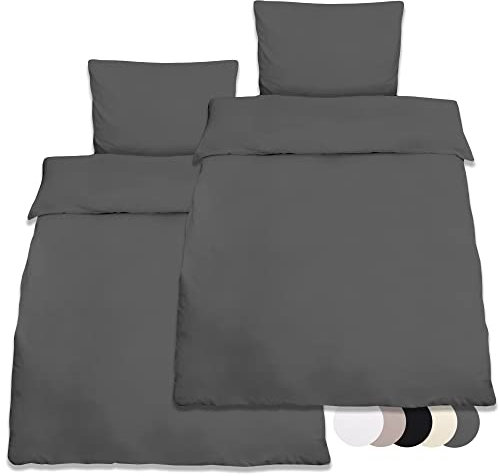 Beautissu 2er Set Renforcé Bettwäsche Set 155x220 cm Julie - Kissenbezug 80x80cm – Bettwäsche mit 2X Bettbezug & 2X Kopfkissenbezug - 4teilige Kühlende Sommerbettwäsche aus Baumwolle in Anthrazit