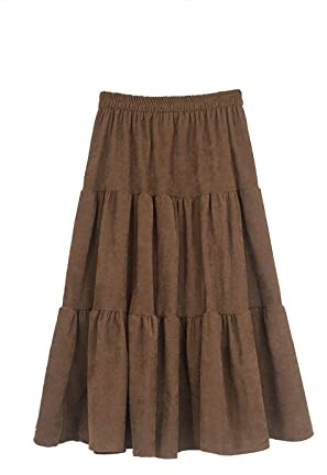 WGGY Jupe Longue d'hiver Chic, Taille Élastiquée en Velours Côtelé, Mi-Longue Froncée, Jupes Plissées pour Femmes, Grande, Parapluie Pendule, Café