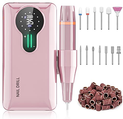 ENGERWALL Torno para Uñas Profesional, 35000RPM Portatil Recargable Inalambrico con 13 cabezales de pulido y 56 cintas abrasivas y Pantalla LCD, para Manicura y Pedicura, para Gel o Acrilicas, Rosa