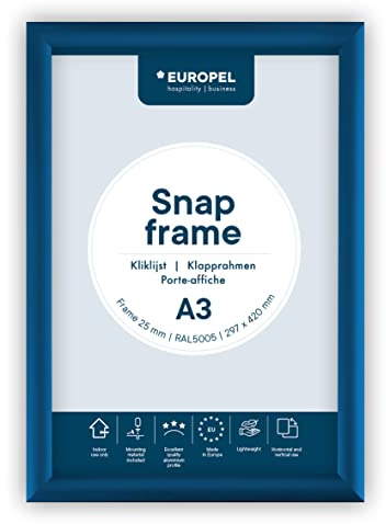 Europel Marco ligero a presión A3, azul, perfil 25 x 11 mm, aluminio anodizado, protector antirreflectante, dimensiones externas 328 x 451 mm, parte trasera de poliestireno gris