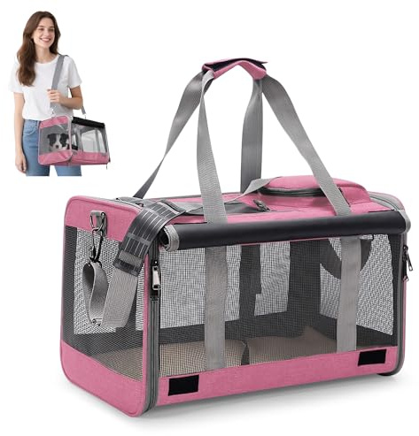 ALLSOPETS Sac de Transport Pliable pour Chat et Petit Chien, Caisse Souple Respirante Jusqu’à 9 kg, Sac à Main pour Avion Voiture Camping Vétérinaire et Voyage (Rose Chiné)