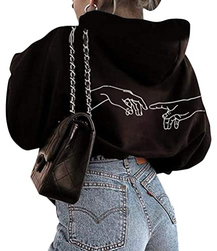 Onsoyours Kapuzenpullover Für Damen Herbst Winter Hoodie Promise Letter Print Sweatshirt Lose Casual Hip Hop Langarmshirt Pullover Mit Kordel Und Taschen Outerwear C Schwarz M