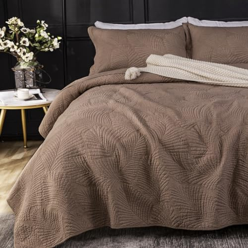 Qucover Tagesdecke Beige Baumwolle Bettüberwurf, Ultra Weiche Stickerei, Bedspreads, Steppdecke Mit 2 Kissenbezügen, Sofa Überwurfdecke Wohndecke Für Bett (Braun, 220 x 240 cm)