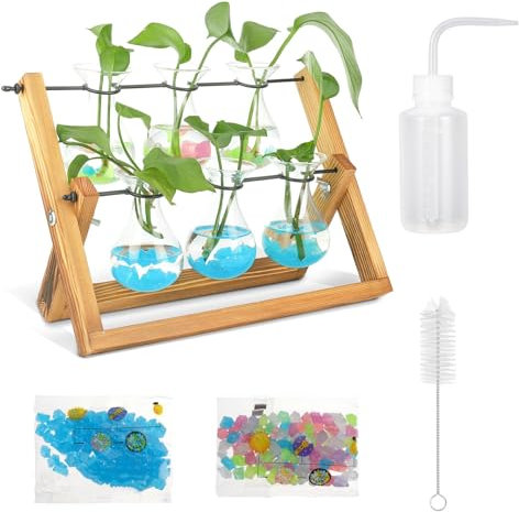 Blumenvase Vintage Hydroponik Glas Pflanzer Glasvase mit Holz Halter, Propagation Station für Tischdeko, Tabletop Plant Terrarium für Wohnzimmer Zuhause Büro Schreibtisch