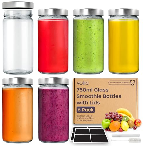 Glass Mason Jars with Lids 750ml - 6 Pack, Leakproof Glass Bottles with Lids for Airtight Seal, Drinking Bottle Ideal for Smoothies, Milkshakes, Sauces, Food Storage, Juices, Beverages, Infused Water