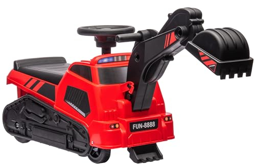 HOMCOM Sitzbagger Kinderbagger mit Schaufel, Schürfkübel, Walze, Musikfunktion Aufsitzbagger Bagger zum Draufsitzen für 1,5-4 Jahr Kinder Rot