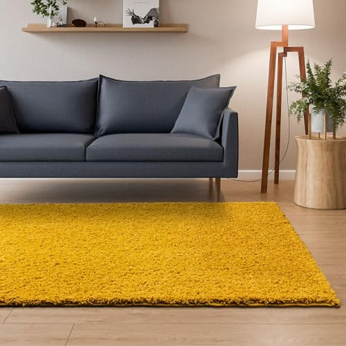 Interiyou Hochflor Teppich Sofia - 160x230 cm Gelb - flauschig und einfarbig - waschbar und rutschfest - weicher Langflor