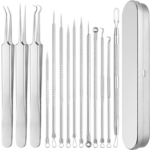 14 Stück Mitesserentferner Komedonenquetscher Set,Pickel Ausdrücken Werkzeug,Pinzette Pickel Nadel Mitesser Entferner mit Box,Pickelentferner für Alle Hauttypen Nasen Gesichtspflege (Edelstahl)