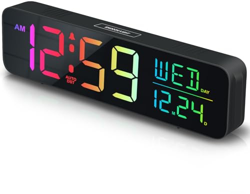 Peakeep Digital Alarm Clock for Bedrooms, Date Day of Week Large Display Numbers 6 Brightness Dimmer, 5 Volume Loud for Heavy Sleepers, 8 RGB Colors Electric Desk Clock Battery Backup, Auto DST