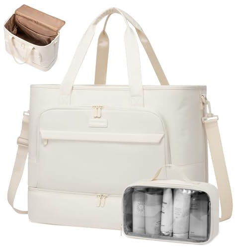LOVEVOOK Weekender Reisetasche Damen, 45L Große Öffnung Kliniktasche Geburt Overnight Bag mit Schuhfach & Nassfach, Wasserdicht Travel Duffle Bags Sporttasche Gym Yoga Bag für Reise Sport, Beige