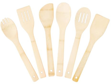 Ensemble d'Ustensiles de Cuisine en Bois Naturel - 6 Pièces avec Spatule en Bambou 30 cm - Design Ergonomique pour Poêles Antiadhésives