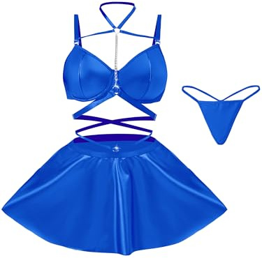 EVELIFE Sexig läderklänning för kvinnor, nackhållare metallkedja push up behå, wetlook underkläder underkläder curvy elegant konstläder party rave klubb outfit miniklänning underkläder kvinnor