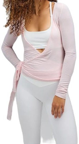 Geagodelia Damen Wickeloberteil Wickelshirt für Ballett Yoga Pilates Elegante Langarmshirt Longsleeve Binden Vorne Oberteil Wrap Top Wickeltop Langarm Bluse Sommer Outfit (A - Pink, M)